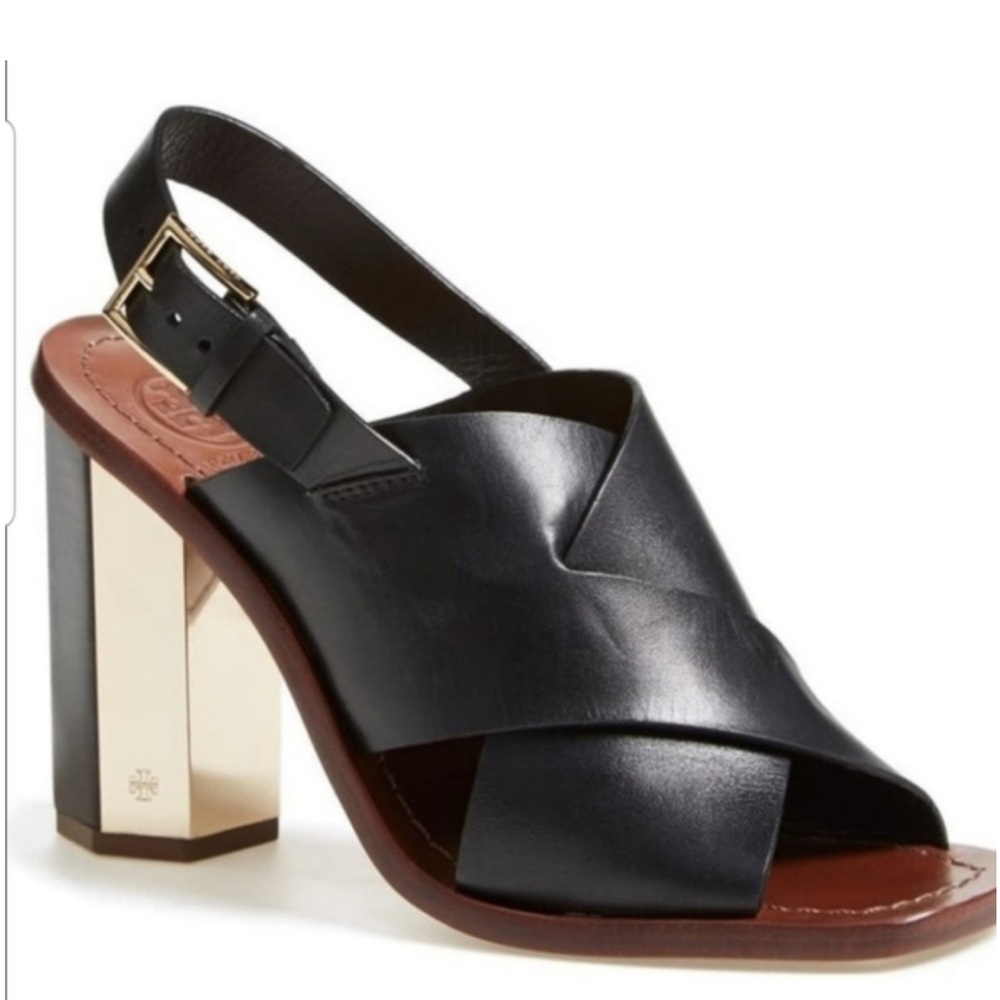 Tory Burch Bleecker Sandal Heels 7.5 - black leather, gold